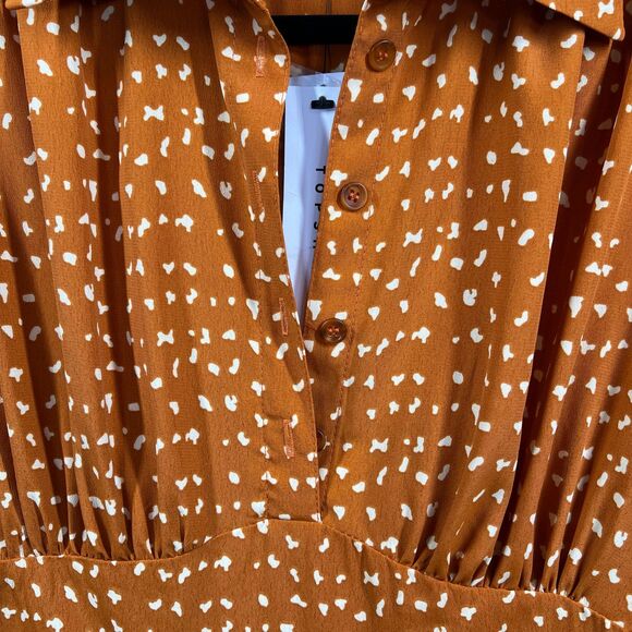 Topshop Sz 4 Long Sleeve Rust Orange Spot Chiffon Collared Midi Shirt Dress - Picture 14 of 16
